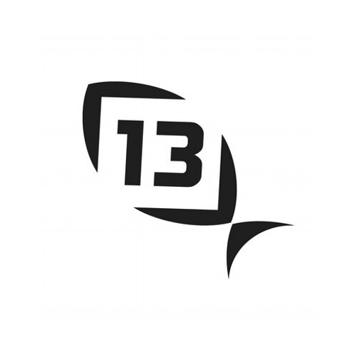 13 Fishing logo featuring a modern and bold black fish silhouette with the number '13' integrated into the design, representing a brand specializing in innovative fishing rods, reels, and tackle