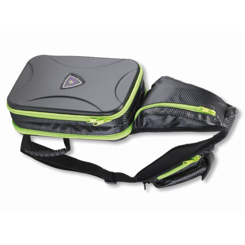 DAIWA Prorex Roving Shoulder Bag 32x23x9,5cm with carbon fiber texture, lime green zippers, and adjustable strap for fishing gear storage.