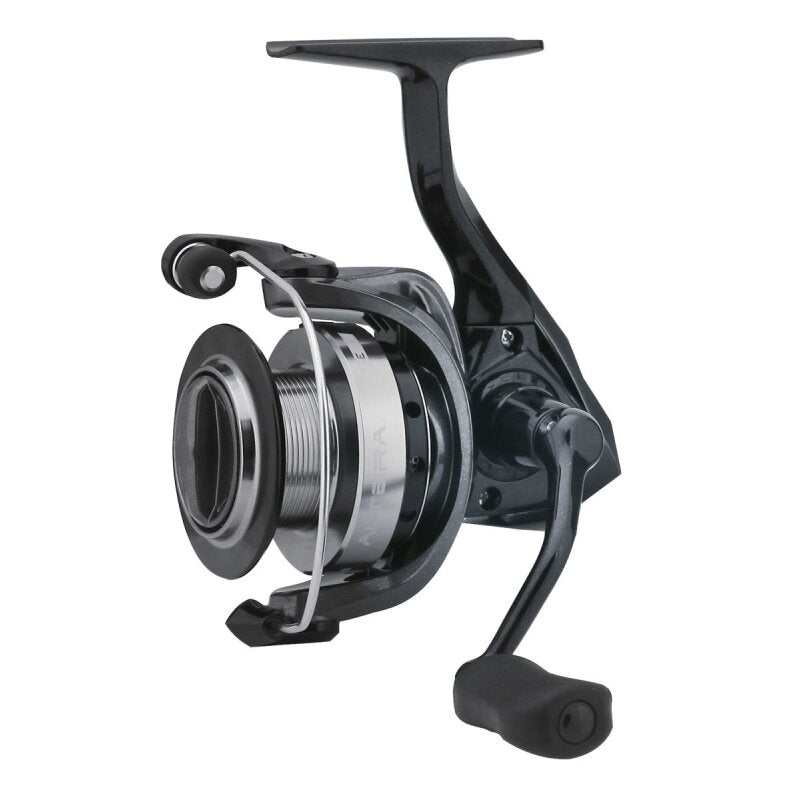 OKUMA Altera Spin 30 fishing reel with a sleek black and silver design, featuring a durable handle and smooth spool for efficient spinning.