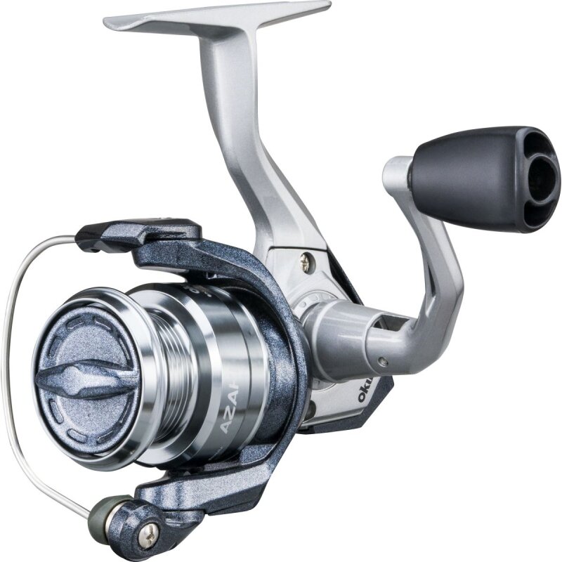OKUMA Azakai 55 fishing reel with a sleek silver and black design, featuring a durable handle and precision spool for smooth casting.