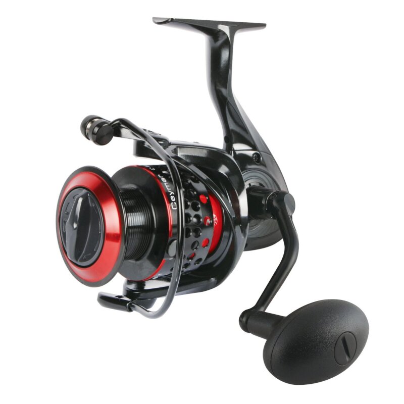 OKUMA Ceymar Spin Allround 6000A fishing reel with sleek black and red design, ergonomic handle, and durable construction for versatile fishing.