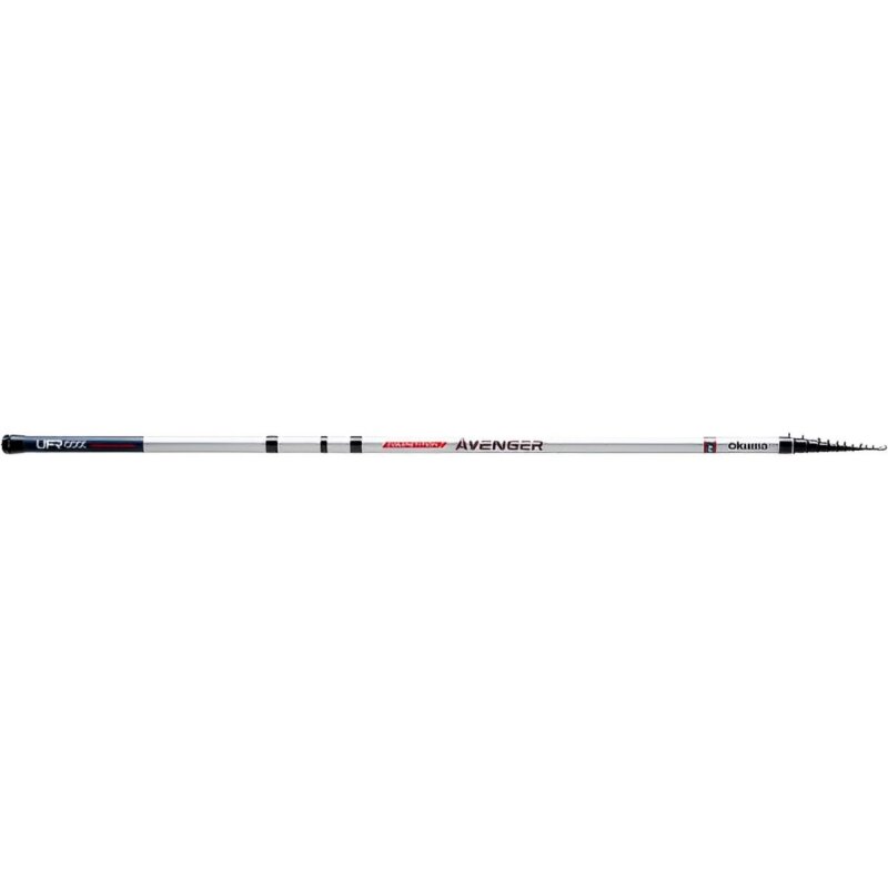 OKUMA Competition Avenger MH 6m fishing rod with a sleek white design, durable construction, and telescopic sections for versatile angling.