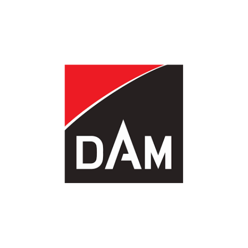 DAM logo featuring bold white text on a black and red background with a dynamic diagonal division, representing a German brand known for reliable and innovative fishing gear, including rods, reels, and accessories