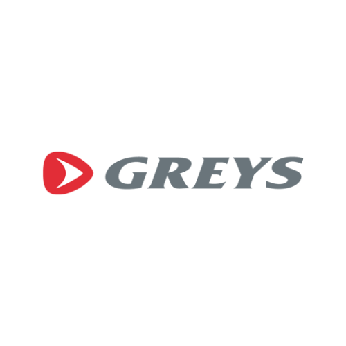 Greys logo featuring sleek grey text accompanied by a red triangular icon, symbolizing a brand renowned for its premium fly fishing rods, reels, and accessories