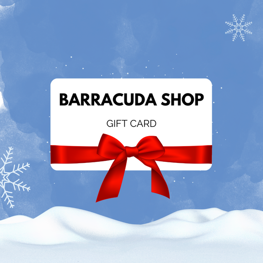 Barracuda Shop Gift Card with a red ribbon on a snowy blue background featuring snowflakes, ideal for gifting.
