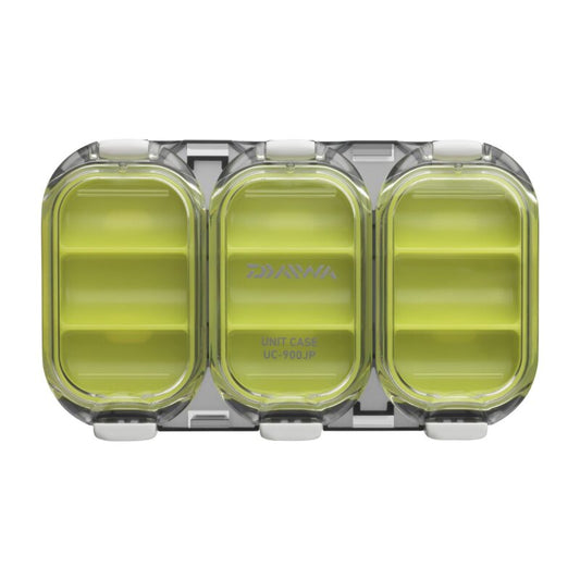 DAIWA Box Waterproof Sealed with 9 compartments, shallow design measuring 11x6.5x1.3cm in green smoke color. Ideal for organizing small items in bags and luggage.