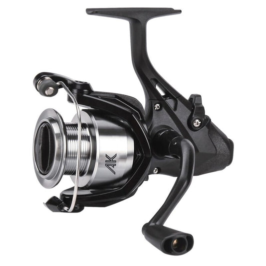 OKUMA AK Baitfeeder Spin 5000 fishing reel with a sleek black and silver design, featuring a durable handle and smooth spinning mechanism.