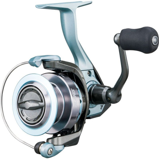 OKUMA Alaris Spin 65 fishing reel with a sleek blue and silver design, ergonomic handle, and durable construction for freshwater and saltwater fishing.