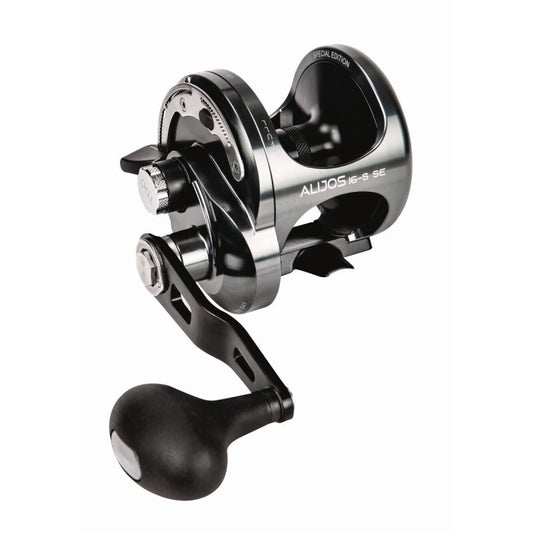 OKUMA Alijos 16II Trolling 2 Speed RH fishing reel with a sleek black design, ergonomic handle, and durable construction for saltwater fishing.