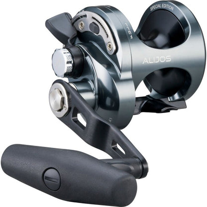 OKUMA Alijos 5 NII Jigging 2 Speed RH fishing reel with ergonomic handle, sleek metallic finish, and durable construction for saltwater fishing.