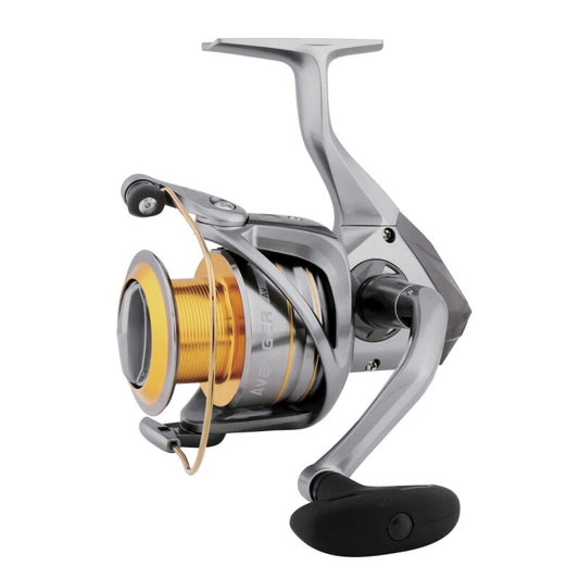 OKUMA Avenger Spin 10000 fishing reel with a sleek silver and gold design, ergonomic handle, and durable construction for versatile angling.
