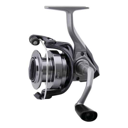 OKUMA Azakai 30 fishing reel with a sleek silver and black design, featuring a durable handle and smooth spool system for optimal performance.