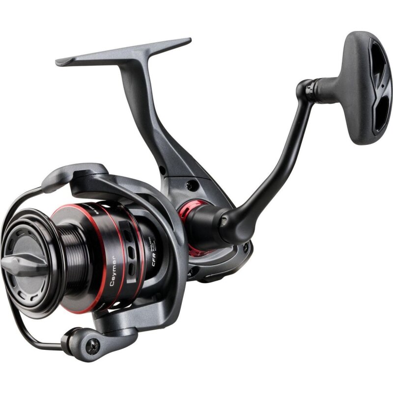 OKUMA Ceymar 8000A Spinning fishing reel featuring a sleek black and red design, ergonomic handle, and durable construction for freshwater and saltwater fishing.