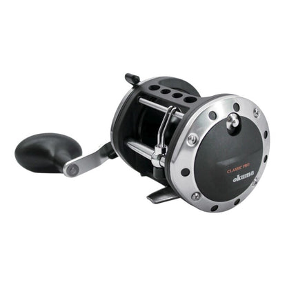OKUMA Classic Pro XP Levelwind Star Drag 452LA fishing reel with durable metal construction, ergonomic handle, and smooth drag system.