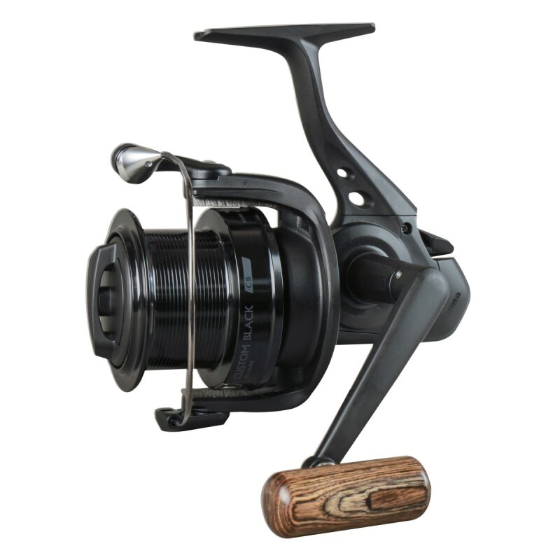 OKUMA Custom Black Spin 80 fishing reel with sleek black design, wooden handle grip, and durable metal construction for smooth performance.