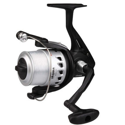 OKUMA Electron Front Drag 165 fishing reel with sleek black and silver design, featuring a durable front drag system and ergonomic handle.