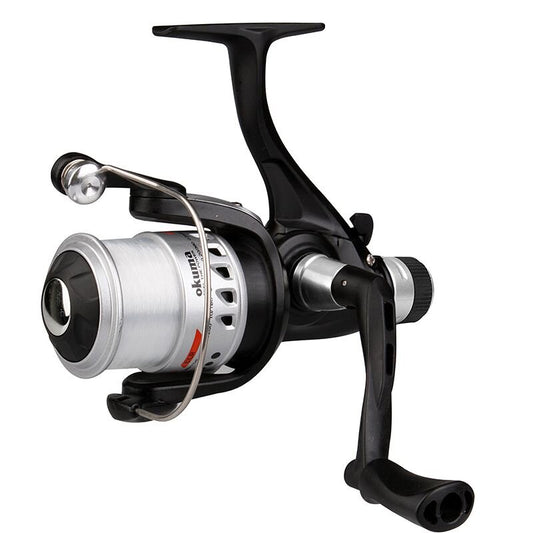 OKUMA Electron Rear Drag 130 fishing reel with sleek black design, ergonomic handle, and durable rear drag system for smooth performance.