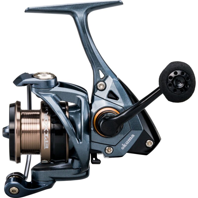 OKUMA Epixor XT Spin High Speed 40S fishing reel with sleek metallic design, ergonomic handle, and durable construction for high-performance angling.