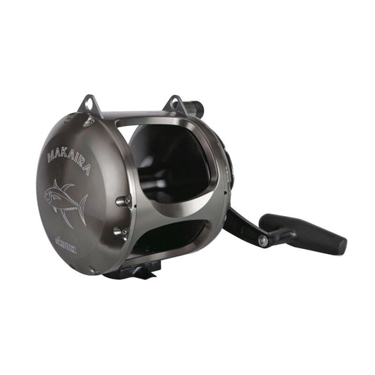 OKUMA Makaira Sea Two Speed Lever Drag 130II fishing reel with durable metal construction, ergonomic handle, and sleek design for deep-sea fishing.