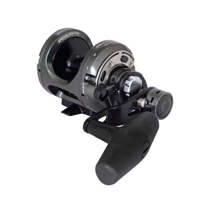 OKUMA Makaira Sea Two Speed Lever Drag 16II fishing reel with durable metal construction, ergonomic handle, and precision drag system.
