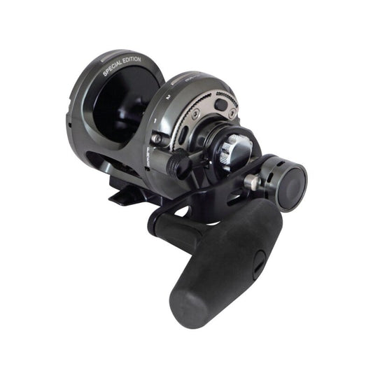 OKUMA Makaira Sea Two Speed Lever Drag 16II fishing reel with durable metal construction, ergonomic handle, and precision drag system.