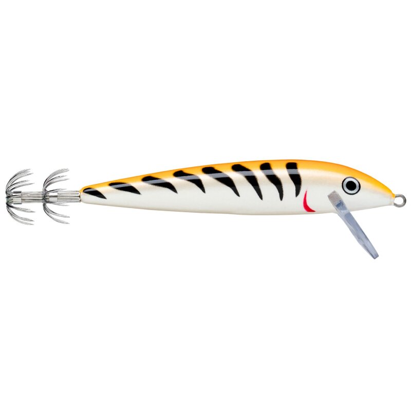 RAPALA Countdown Squid 9cm 12g Orange Tiger UV lure featuring a vibrant orange and black striped design with UV finish and treble hooks.